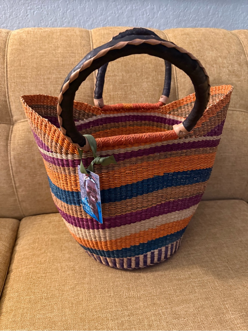 Akazeri Ahmah Apatterned basket, African woven market bag,orange blue purple NEW - Picture 8 of 8